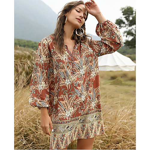 

Women's A-Line Dress Short Mini Dress - Long Sleeve Print Summer Casual Boho 2020 Khaki S M L XL