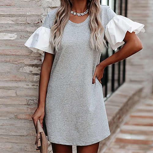 

Women's Shift Dress - Short Sleeves Solid Color Patchwork Summer Street chic Daily Going out Flare Cuff Sleeve Belt Not Included Loose 2020 Gray S M L XL / Cotton