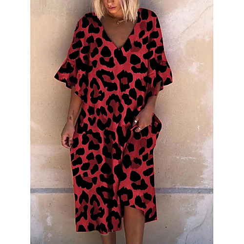 

Women's A-Line Dress Midi Dress - Short Sleeves Leopard Summer Elegant 2020 Blue Red Green S M L XL XXL XXXL