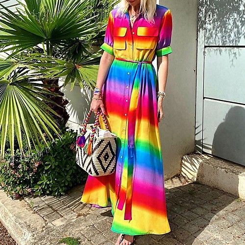 

Women's A-Line Dress Maxi long Dress - Half Sleeve Rainbow Summer Elegant 2020 Rainbow S M L XL