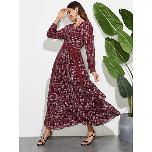 

Women's Sheath Dress - Long Sleeve Polka Dot Layered Ruffle Patchwork Summer Fall Elegant Boho Daily Going out 2020 Red M L XL XXL