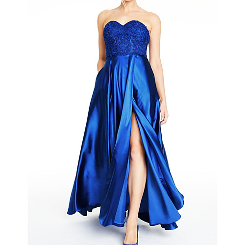 

A-Line Elegant Blue Party Wear Formal Evening Dress Sweetheart Neckline Sleeveless Floor Length Satin with Pleats Split Appliques 2020
