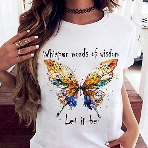 

Women's T shirt Butterfly Printing Letter Round Neck Tops Basic Top White Blue Purple