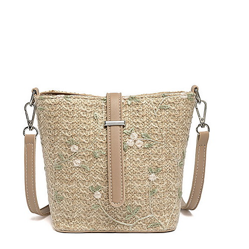

Women's Zipper Straw Crossbody Bag Floral Print Almond / Beige
