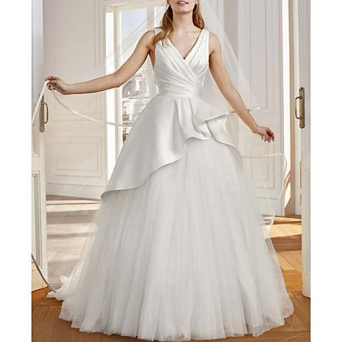 

A-Line Wedding Dresses V Neck Sweep / Brush Train Satin Tulle Sleeveless Vintage Sexy Wedding Dress in Color Backless with Bow(s) Pleats Ruffles 2021