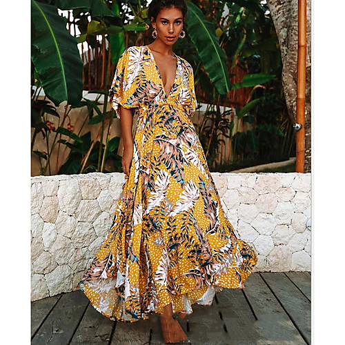 

Women's Swing Dress Maxi long Dress - Short Sleeves Floral Summer Casual Boho 2020 Yellow S M L XL