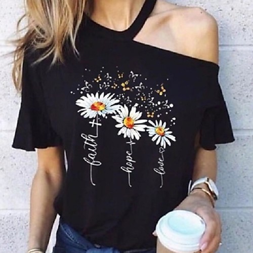 

Women's Floral Daisy Print Off Shoulder T-shirt Sexy Daily Black / Blue / Purple / Red / Army Green