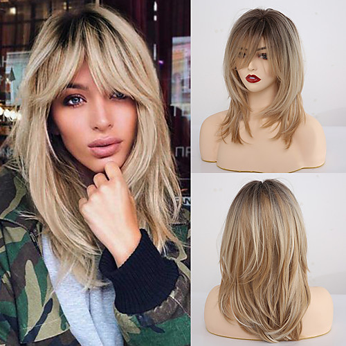 

Synthetic Wig Matte kinky Straight Neat Bang Wig Long Light Blonde Synthetic Hair 20 inch Women's Adorable Blonde