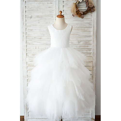 

Ball Gown Floor Length Wedding / Birthday Flower Girl Dresses - Lace / Tulle Sleeveless Jewel Neck with Tiered