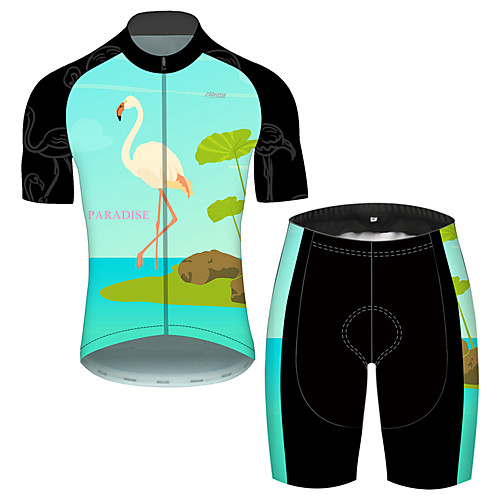 

21Grams Men's Short Sleeve Cycling Jersey with Shorts Green / Black Flamingo Animal Floral Botanical Bike Clothing Suit UV Resistant Breathable 3D Pad Quick Dry Reflective Strips Sports Flamingo