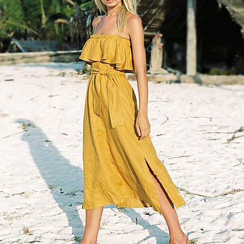 

Women's A Line Dress - Sleeveless Solid Color Summer Fall Strap Elegant Street chic Holiday Beach Belt Not Included 2020 Gold S M L XL