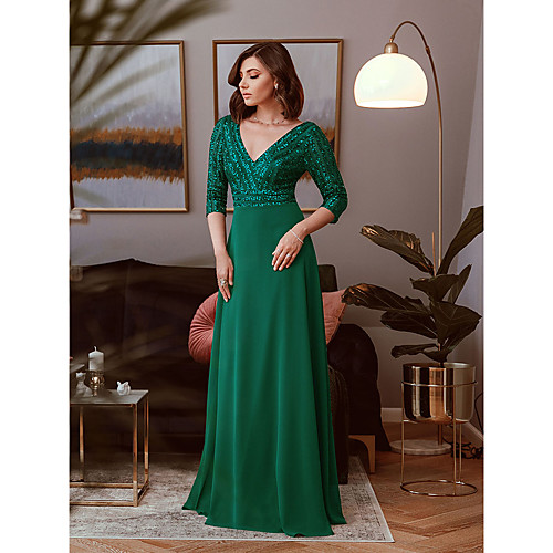 

Sheath / Column Elegant Vintage Engagement Formal Evening Dress V Neck 3/4 Length Sleeve Floor Length Polyester with Sequin 2021