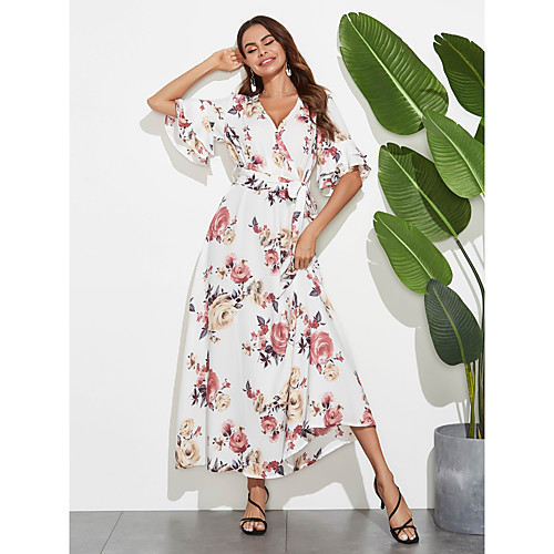 

Women's A-Line Dress Dress - Short Sleeves Floral Summer Elegant Boho Daily Going out Flare Cuff Sleeve 2020 White M L XL XXL