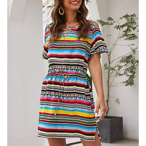 

Women's Shift Dress - Short Sleeves Striped Spring Summer V Neck Casual Loose Fine Stripe Rainbow S M L XL