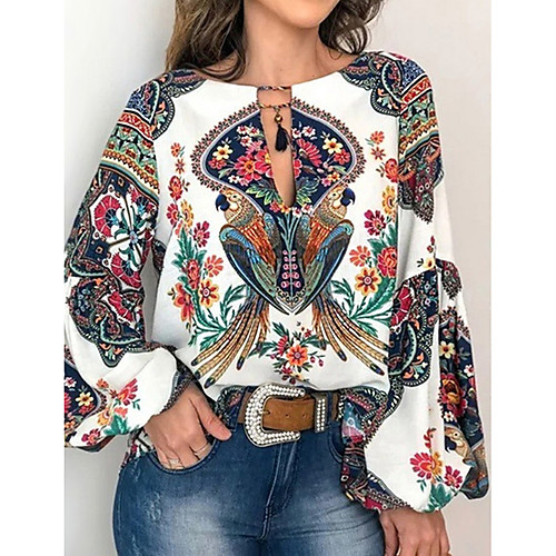 

Women's Floral Lace up Print Shirt Basic White / Blue / Yellow / Orange