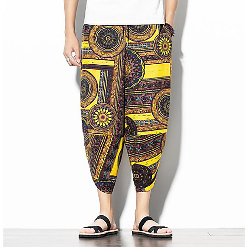 

Men's Chinoiserie Skinny Harem Bloomers Pants - Patterned Cotton Linen Red Yellow US34 / UK34 / EU42 / US36 / UK36 / EU44 / US38 / UK38 / EU46