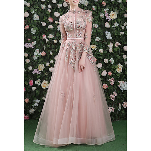 

A-Line Cut Out Floral Prom Formal Evening Dress High Neck Long Sleeve Floor Length Organza with Embroidery 2021