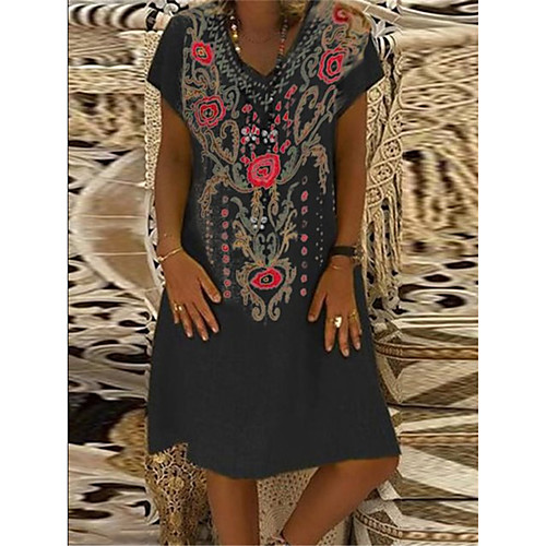 

Women's Shift Dress Knee Length Dress - Short Sleeve Tribal Print Summer V Neck Casual Daily Loose 2020 Black Yellow Fuchsia Orange Green S M L XL XXL XXXL