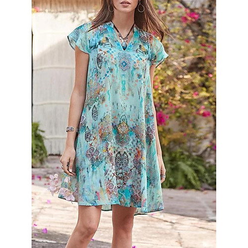 

Women's Shift Dress Knee Length Dress - Short Sleeves Floral Summer V Neck Street chic 2020 Purple Red Green Navy Blue S M L XL XXL XXXL XXXXL