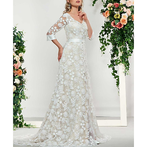 

A-Line Wedding Dresses V Neck Sweep / Brush Train Lace 3/4 Length Sleeve Formal Illusion Sleeve with Embroidery 2020