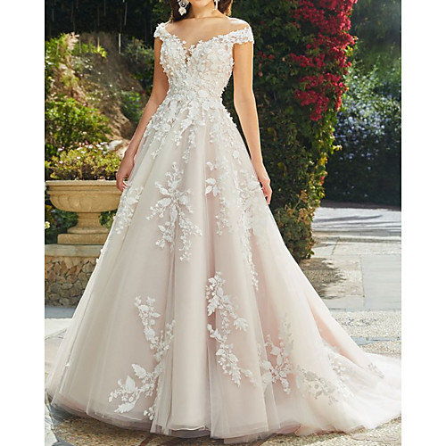 

A-Line Wedding Dresses V Neck Chapel Train Lace Tulle Sleeveless Sexy Wedding Dress in Color See-Through with Lace Insert Appliques 2020