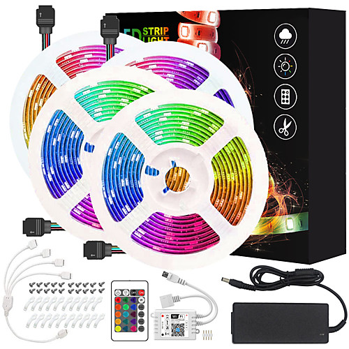 

Intelligent Dimming App Control Flexible Led Strip Lights 65ft 4x5M 5050 RGB SMD 600 LEDs IR 24 Key Controller with Installation Package 12V 8A Adapter Kit