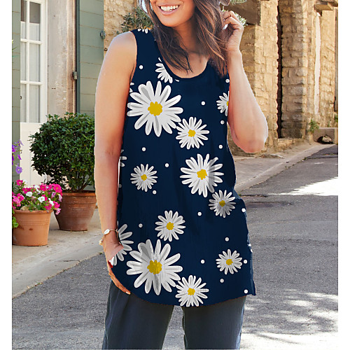 

Women's T-shirt Floral Graphic Daisy Tops - Print Round Neck Basic Daily Navy Blue M L XL 2XL 3XL