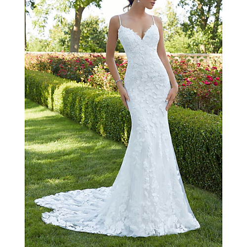 

Mermaid / Trumpet Wedding Dresses V Neck Spaghetti Strap Sweep / Brush Train Lace Sleeveless Sexy Backless with Embroidery Appliques 2020