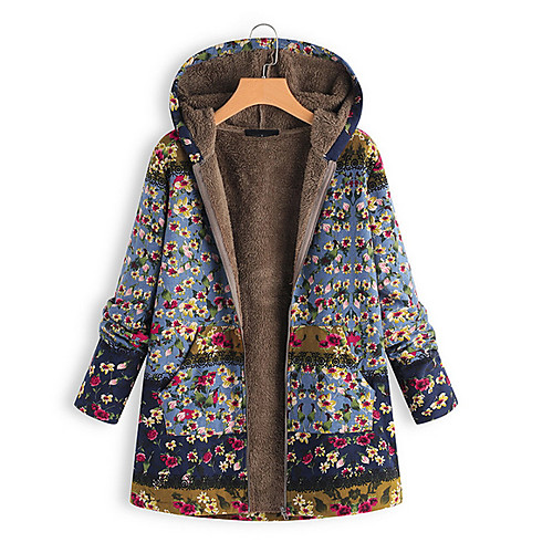 

Women's Parka Parka Ethnic Style Floral Polyester Blue / Blushing Pink / Green S / M / L