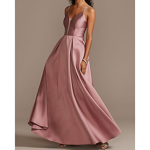 

A-Line Elegant Party Wear Prom Dress V Neck Sleeveless Floor Length Satin with Sleek Crystals 2021