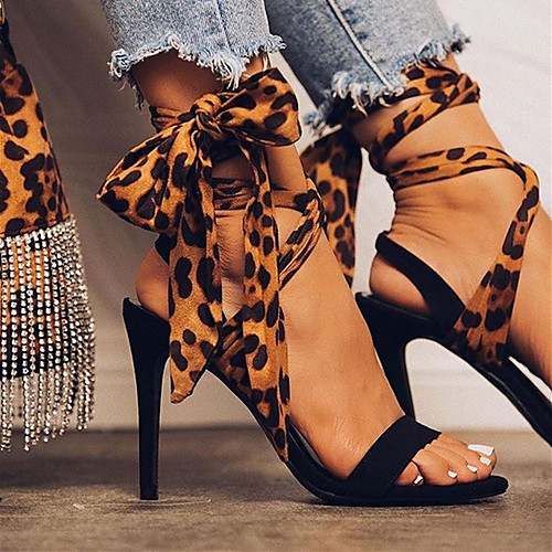 

Women's Sandals 2020 Summer Stiletto Heel Open Toe Casual Daily Lace-up Leopard Microfiber Leopard