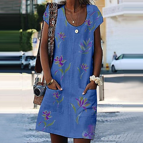 

Women's Shift Dress - Short Sleeves Floral White Blue Orange S M L XL XXL XXXL XXXXL XXXXXL