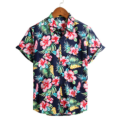 

Men's Floral Shirt - Cotton Tropical Hawaiian Daily Beach Classic Collar Button Down Collar Navy Blue / Short Sleeve