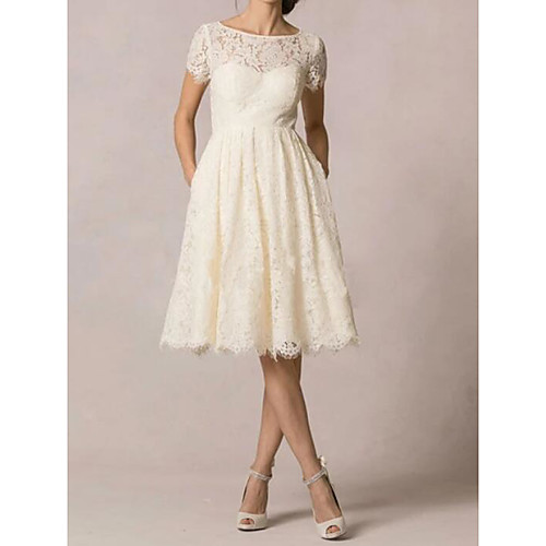 

A-Line Wedding Dresses Jewel Neck Knee Length Lace Short Sleeve Casual Little White Dress Plus Size with Embroidery 2021