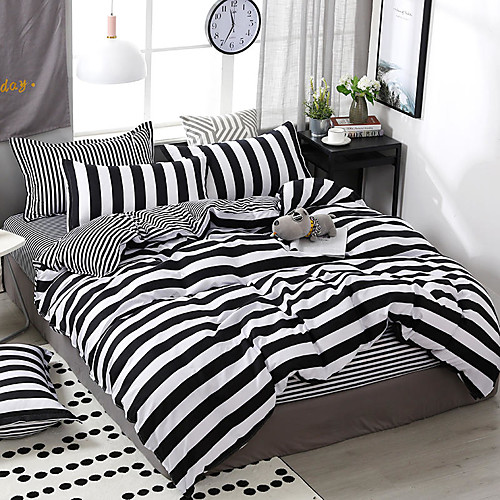 

Simple wind black and white stripes print pattern bedding four-piece quilt cover bed sheet pillow cover dormitory single double