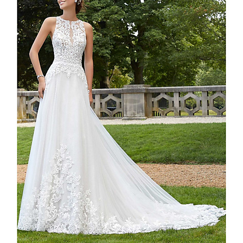 

A-Line Wedding Dresses Jewel Neck Court Train Lace Tulle Sleeveless Sexy Backless with Embroidery 2021