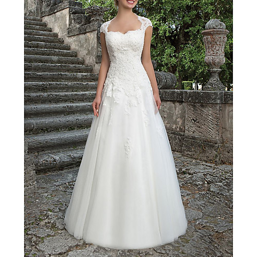 

A-Line Wedding Dresses Bateau Neck Sweep / Brush Train Lace Tulle Short Sleeve Country Plus Size with Draping Appliques 2021