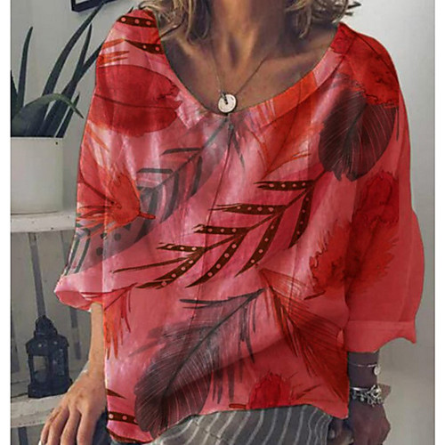 

Women's Blouse Scenery Tropical Leaf Tops - Print Round Neck Slim Boho Beach Spring Summer White Blue Red Yellow Green S M L XL 2XL