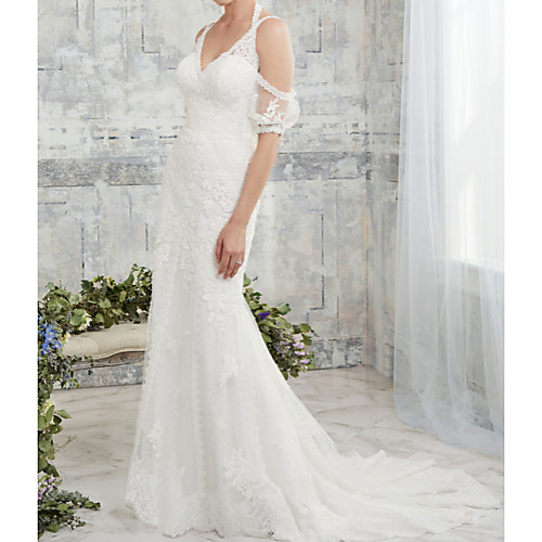 

Mermaid / Trumpet Wedding Dresses Halter Neck Court Train Lace Tulle Half Sleeve Sexy Backless Illusion Sleeve with Embroidery 2021