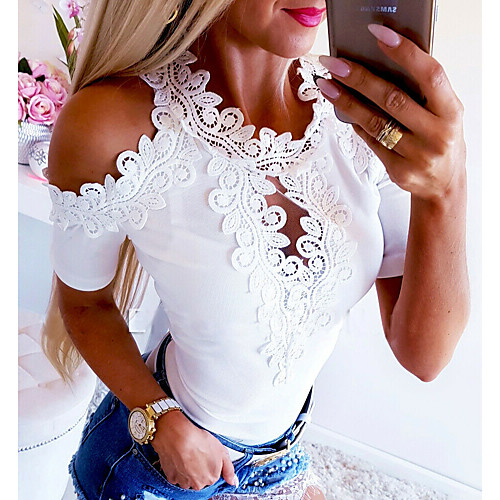 

Women's Solid Colored Lace T-shirt Basic Casual White / Red
