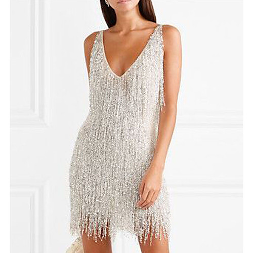 

Women's Sheath Dress Short Mini Dress - Sleeveless Solid Color Tassel Fringe Spring Summer V Neck Glitters Sexy Party Club 2020 Silver S M L XL XXL