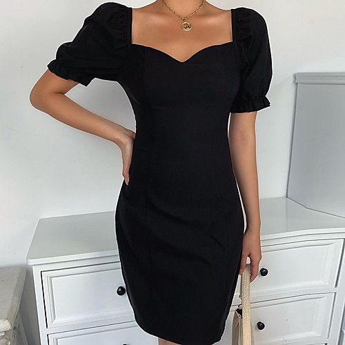 

Women's Sheath Dress - Short Sleeves Solid Color Summer Elegant 2020 Black Blue S M L