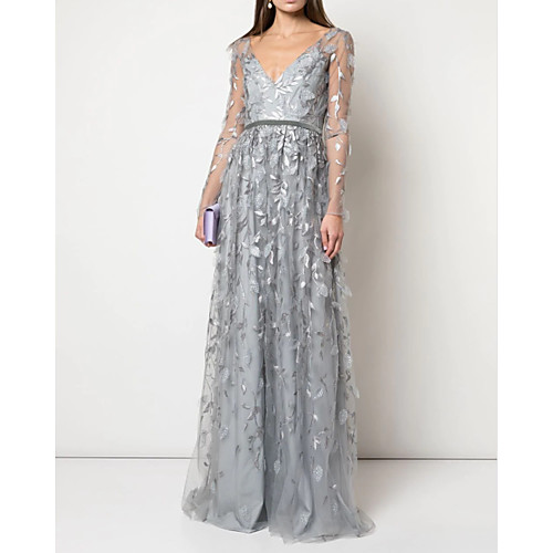 

A-Line Sexy Grey Engagement Prom Dress V Neck Long Sleeve Floor Length Lace with Lace Insert Appliques 2020