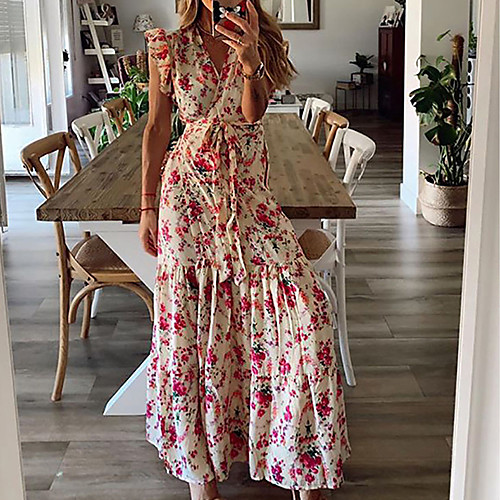 

Women's Maxi Sundress Dress - Sleeveless Print Summer V Neck Boho Daily Ruffle Red S M L XL