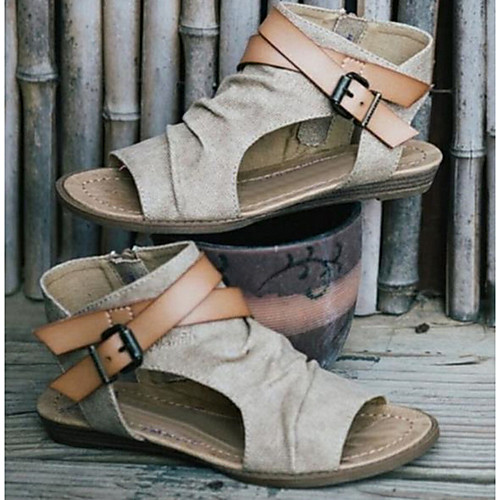 

Women's Sandals Summer Flat Heel Peep Toe Daily PU Dark Brown / Black / Beige