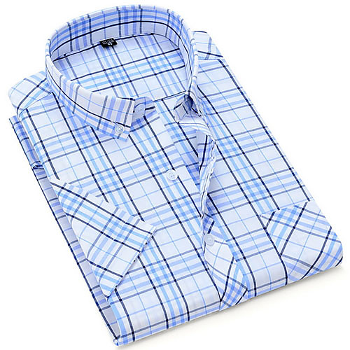

Men's Plaid Print Shirt - Cotton Daily Button Down Collar Blue / Short Sleeve