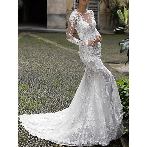 

Mermaid / Trumpet Wedding Dresses Jewel Neck Sweep / Brush Train Lace Long Sleeve Vintage Sexy Backless with Embroidery Appliques 2020