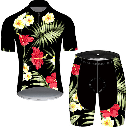 

21Grams Men's Short Sleeve Cycling Jersey with Shorts Black / Yellow Floral Botanical Bike Clothing Suit UV Resistant Breathable 3D Pad Quick Dry Reflective Strips Sports Patterned Mountain Bike MTB