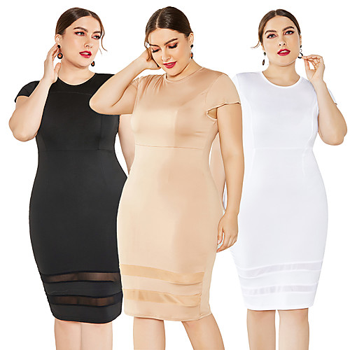

Women's Wrap Dress Midi Dress - Short Sleeves Solid Color Mesh Patchwork Summer Formal Elegant Party Going out 2020 White Black Khaki XL XXL XXXL XXXXL XXXXXL