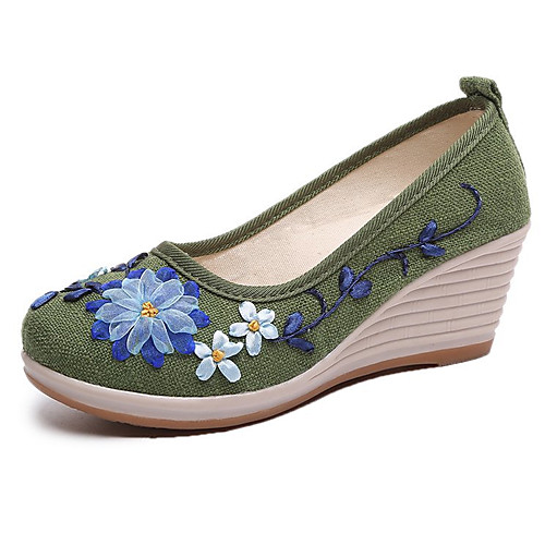

Women's Loafers & Slip-Ons Spring / Fall & Winter Wedge Heel Round Toe Vintage Chinoiserie Daily Satin Flower Floral Linen Red / Green / Blue